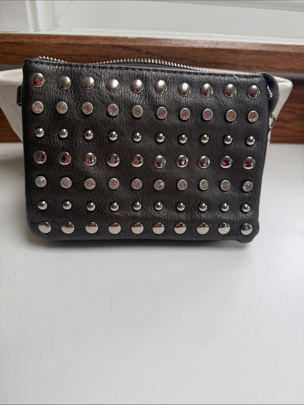 NEW Studded/Crystal Metallic Gunmetal Grey Leather like Wristlet Clutch w Strap